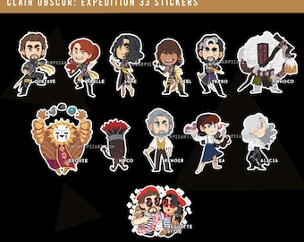 May include: A selection of die-cut stickers with cartoon character illustrations. The stickers are set against a black backdrop and feature the text "CLAIR OBSCUR: EXPEDITION 33 STICKERS". Each character has a distinct design and name, ideal for collectors.