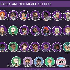Insignes de boutons Dragon Age the Veilguard, Solas Emmrich Lucanis Taash Bellara Varric Harding Neve Davrin Felassan Manfred Viago Teia Ashur