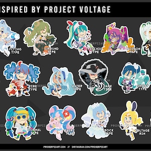 Könnte beinhalten: Ein Set mit 16 bunten Aufklebern, die Anime-Charaktere mit verschiedenen Arten von Pokémon-ähnlichen Attributen zeigen. Jeder Aufkleber hat einen weißen Rand und ein Textetikett, das den Typ angibt, z. B. "Dragon Type", "Flying Type", "Ground Type" usw.