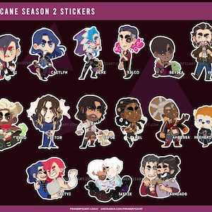May include: A set of 14 cartoon stickers featuring characters from the animated series Arcane. The stickers are colourful and feature a variety of characters, including Vi, Caitlyn, Jinx, Silco, Sevika, Vander, Ekko, Victor, Jayce, Mel, Ambessa, Heimerdinger, Jayvik, and Zaun. The stickers are perfect for adding a touch of Arcane to your laptop, water bottle, or phone.