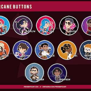 May include: A set of 12 round buttons featuring characters from the animated series Arcane. Each button has a different character from the show, including Vi, Caitlyn, Jinx, Silco, Sevika, Ekko, Victor, Jayce, Mel, Heimerdinger, Vander, and Grayson. The buttons are all in a cartoon style and have a white background with a black outline.