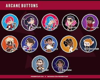 May include: A set of 12 round buttons featuring characters from the animated series Arcane. Each button has a different character from the show, including Vi, Caitlyn, Jinx, Silco, Sevika, Ekko, Victor, Jayce, Mel, Heimerdinger, Vander, and Grayson. The buttons are all in a cartoon style and have a white background with a black outline.