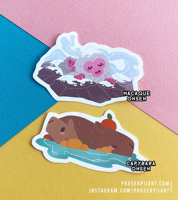Capybara and Macaque Onsen Stickers, Hot Spring Animal Stickers
