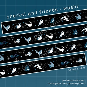 Sharks & Friends Washi Tape 15mmx1m Tape ,, Sea Life Decorative Tape ,, Goblin Shark Manta Ray Chimaera Hammerhead Nautilus Eel Whale