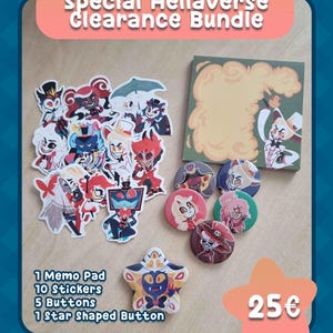 Op de afbeelding: Een Helluvaverse-bundel met een memoblad, stickers, knopen en een stervormige knoop. De stickers en knopen tonen verschillende stripfiguren. De tekst "Special Hellaverse Clearance Bundle" staat bovenaan.