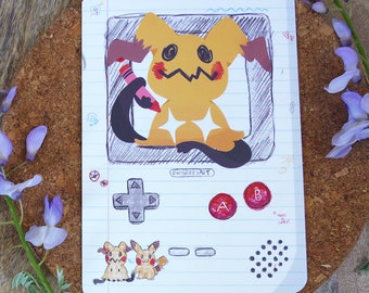 Postal A6 estilo Gameboy de Mimikyu e impresión A4