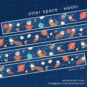 Otter Space Washi Tape ,, 15mmx1m Gold Foil Washi ,, Outer Space ,, Cute Animal Stationery ,, Otter Journaling Decoration ,, Sea Life Washi