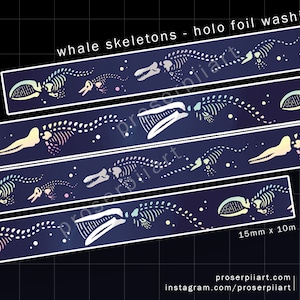 Whale Skeletons Silver Foil Washi Tape ,, 15mmx1m Washi Tape ,, Sea Creature Stationery ,, Deep Sea ,, Spooky Skeleton Foil Washi