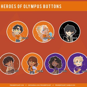 Heroes of Olympus Buttons ,, Percy Jackson Annabeth Chase Nico Di Angelo Jason Piper Maclean Leo Valdez Hazel Levesque