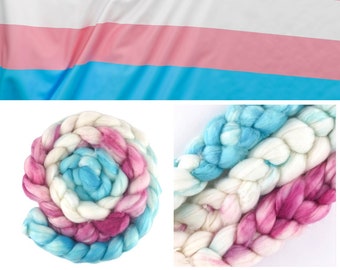 Merino Combed Top: TRANS PRIDE - 22micron Superwash roving - Pink, Blue & White hand dyed combed top/ 4oz/115g
