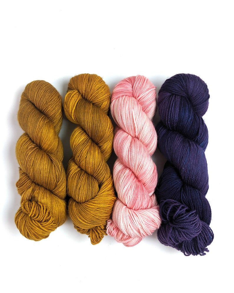 gold mustard pink purple hand dyed fingeringsock yarn NAVELLI Tee Sweater Kit