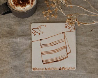 Illustrated ceramic cup coaster |tea lover gift | christmas ceramic gift |coffee cup coaster | artisan ceramics | tea time | illustration