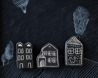 Ceramic  magnets ''houses'' | illustrated ceramics | fridge artistic magnets  | illustration | handmade  gift for friend | funny ceramics