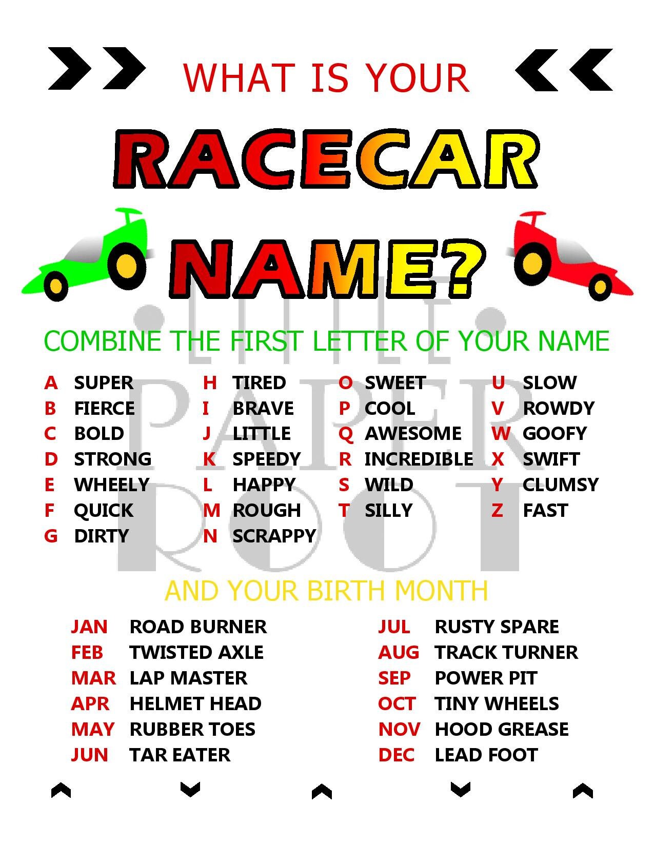 What is Your Racecar Name / Birthday / Party / Modern / Kid / Toddler / Printable Etsy