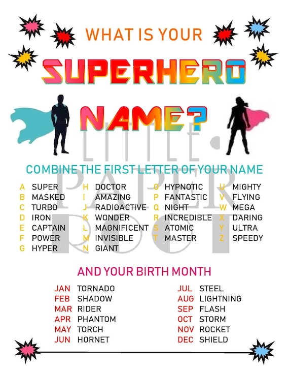 Whats Your Superhero Name Superhero Name Generator (Instant Download) 