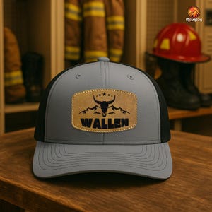 Wallen Trucker Hat, Western Cowboy Mesh Cap with Bull Skull Leather Patch, Country Vintage Snapback Gift for Men Women
