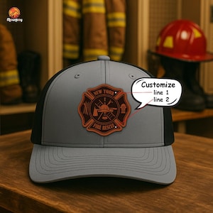 Personalized Firefighter Hat with Leather Patch Custom Station Cap Fireman Gift Idea