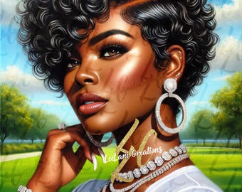 Arte digital de mujer negra con cabello corto y rizado / PNG de alta resolución para sublimación, decoración y proyectos creativos