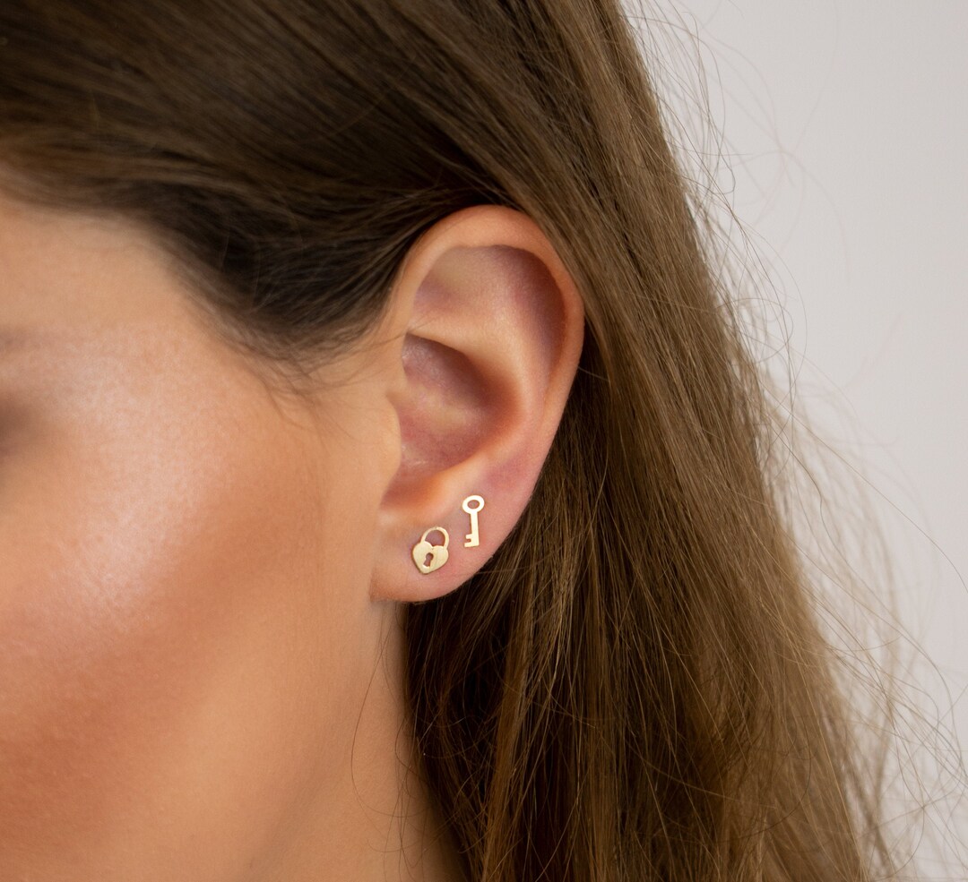 Lock and Key Earrings Stud Set 14k Gold Earrings Gold Etsy