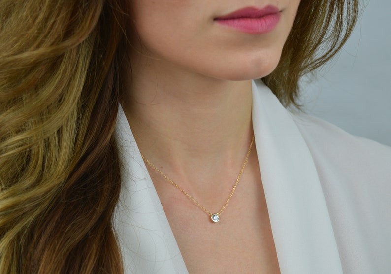 dainty CZ Solitaire Necklace Tiny Diamond necklace layering necklace Dainty Gold Necklace delicate necklace cz minimalist gold necklace