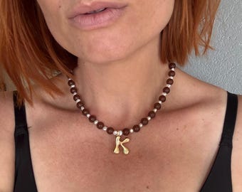 Brown Gemstone and Fresh Water Pearl Initial Necklace