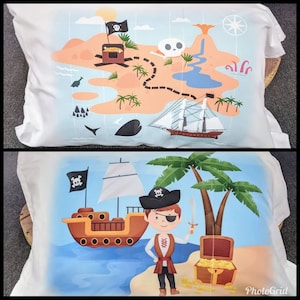 Fundas de almohada temáticas piratas.  Habitación para niños.  Tamaño estándar.  Barco pirata.  Regalo para él.  bebé.  Juventud.  Chico.  Mapa del tesoro.