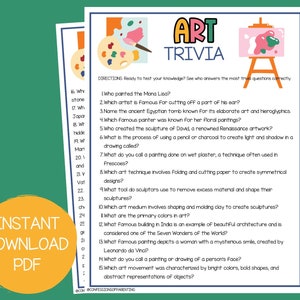 150 Art Trivia Questions | Trivia for Kids |Homeschool Trivia | Printable Trivia Game | Printable Game for Kids | Trivia Game for Art Lovers