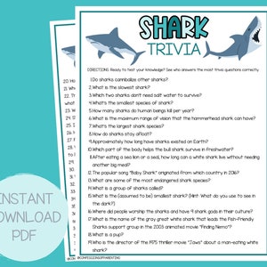 Meer dan 60 vragen over haaientrivia | Onderzoek naar een oceaaneenheid | Afdrukbare haaientrivia | Partygame Shark Week | Triviagame haaienfeiten | Trivia over zeeleven