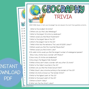 120 Geography Trivia Questions | Trivia for the Classroom | Homeschool Trivia | Printable Trivia Games | World Geography Trivia for Kids