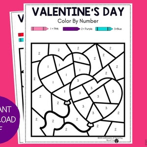 Puede incluir: Una página para colorear imprimible de San Valentín con dos globos en forma de corazón. La página está dividida en secciones con números que indican el color que se debe usar para cada sección. Los colores son rosa, morado y azul.
