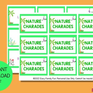 May include: Nine green cards with the text "Nature Charades" printed on them. Each card features a cartoon palm tree and a small bird.