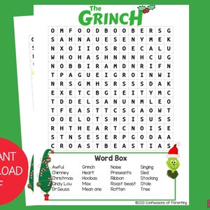 Grinch Word Search | How the Grinch Stole Christmas | Christmas Word Search | Word Search for Kids | Christmas Party Game|Christmas Activity