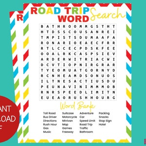 Road Trip Word Search | Road Trip Games | Kids Road Trip Activity | Road Trip Printable | Printable Travel Game Car | Ride Fun Word Search