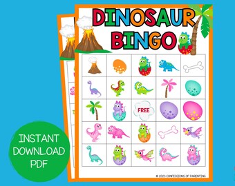 Könnte beinhalten: Ein druckbares Dinosaurier-Bingo-Spiel mit einem farbenfrohen Design. Das Spielbrett zeigt Bilder von Dinosauriern, Eiern, Palmen, Knochen und Vulkanen. Der Text "Dinosaur Bingo" steht oben auf dem Brett.