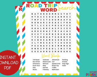 Può includere: Un gioco di ricerca di parole di viaggio su strada stampabile con uno sfondo colorato. Il puzzle di ricerca di parole presenta parole relative ai viaggi su strada, come bagno, benzina, traffico e hotel. La banca delle parole include un elenco di parole da trovare nel puzzle.