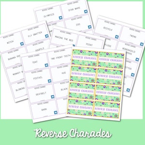 Peut inclure: Un ensemble de cartes de jeu de charades invers&eacute;es imprimables avec une vari&eacute;t&eacute; de th&egrave;mes, y compris les animaux, les sports et les activit&eacute;s quotidiennes. Les cartes sont blanches avec du texte violet et une fl&egrave;che bleue. Les cartes sont dispos&eacute;es en grille sur un fond vert.
