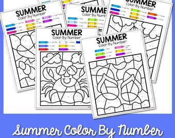 6 Summer Color by Number| Summer-Themed Color by Number| Beach & Vacation Color by Number  | Easy Color by Number | Summer Activity for Kids