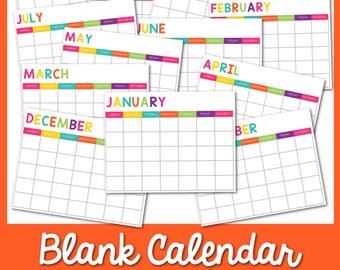 Multi-Colored Calendar Template | Printable Monthly Calendar | Undated Calendar Template | Bright & Colorful Planner | Customizable Calendar