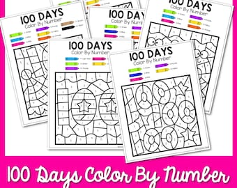 May include: Six printable 100 Days of School color by number activity sheets. Each sheet features a different design with numbers 1 through 6. The designs include a turtle, a star, and a number 100.