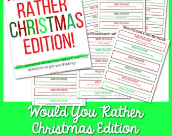 May include: A printable Christmas-themed game with the title "Would You Rather Christmas Edition!"  The game features a series of questions that ask players to choose between two options.  The questions are designed to be fun and thought-provoking, and they are sure to get players talking.  The game is perfect for a Christmas party or family gathering.
