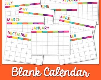 Könnte beinhalten: Ein Satz von 12 leeren Kalendervorlagen, jede mit einem anderen Monatsnamen in bunten Buchstaben. Die Monate sind: Januar, Februar, März, April, Mai, Juni, Juli, August, September, Oktober, November und Dezember.