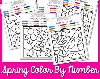 6 Spring Color By Number| Printable Spring Color by Number Pages | Spring Coloring Sheets | Fun Spring Worksheets for Kids | Color by Number