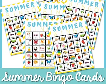 7 Sommer Bingo Karten | Druckbares Sommer Bingo | Sommer-Themen Bingo Spiel | Familienfreundliches Sommer Bingo | Sommer Spaß Bingo | Strandspiele