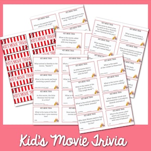 May include: A set of printable cards with trivia questions about popular children's movies. The cards are red and white striped with the words "Kid's Movie Trivia" printed on them.