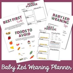 May include: A printable set of baby led weaning planner pages. The pages are white with black text and colorful illustrations. The pages include a menu planner, a list of best first foods, a list of foods to avoid, a daily food log, and tips for baby led weaning.