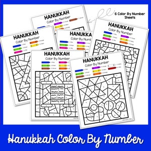 May include: Six printable Hanukkah colour by number activity sheets featuring a menorah, dreidel, and other Hanukkah symbols. Each sheet has a colour key with corresponding numbers.