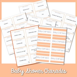 Puede incluir: Un conjunto de tarjetas de charadas para baby shower imprimibles con fondos de color melocot&oacute;n y texto blanco. Las tarjetas presentan varias actividades relacionadas con los beb&eacute;s, como "dar el pecho", "mecer al beb&eacute;", "vestir al beb&eacute;", "hacerse una ecograf&iacute;a" y "darle el biber&oacute;n al beb&eacute;".