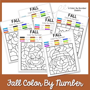 6 Fall Color By Number| Printable Fall Color By Number |Color By Number for Kids | Fall Preschool Activity | Holiday Coloring Pages for Kids