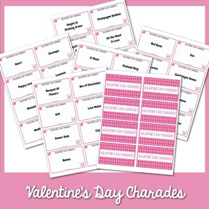 Puede incluir: Un conjunto de tarjetas de juego de charadas para el D&iacute;a de San Valent&iacute;n imprimibles con dise&ntilde;os rosa y blanco. Las tarjetas presentan varios temas del D&iacute;a de San Valent&iacute;n, como "Coraz&oacute;n", "Amor de cachorro", "Burbujas de champ&aacute;n", "Anillo de diamantes" y "Cena a la luz de las velas".