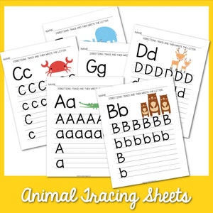 Hojas de seguimiento del alfabeto de animales / Hojas de trabajo de seguimiento de letras imprimibles / Práctica de escritura a mano de la A a la Z para niños / Hojas de seguimiento del alfabeto imprimibles